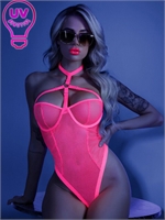 2. Sex Shop, Neon Pink UV Reactive Fishnet Teddy by Fantasy Lingerie