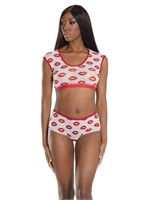 3. Sex Shop, Lip print Crop Top and Booty Short by Coquette