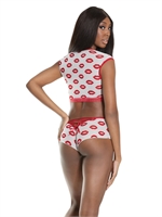 4. Sex Shop, Lip print Crop Top and Booty Short by Coquette