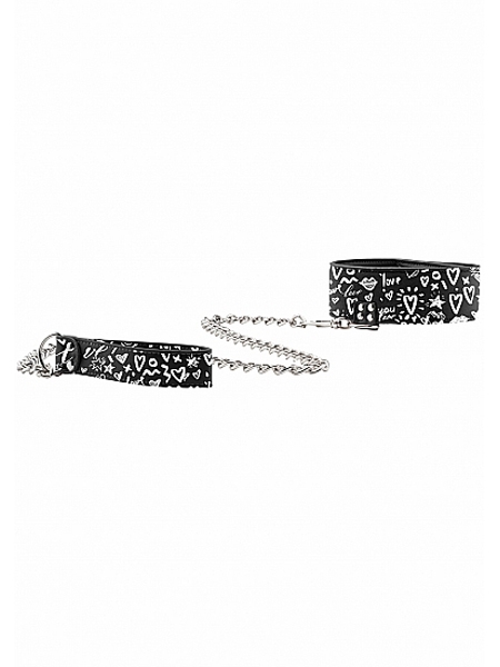 Adjustable printed leather collar with leash by Ouch!