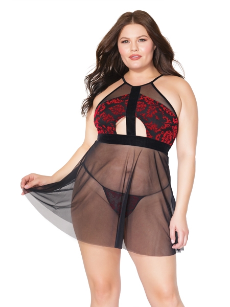 Red and Black Halter Babydoll and G-String Set by Coquette