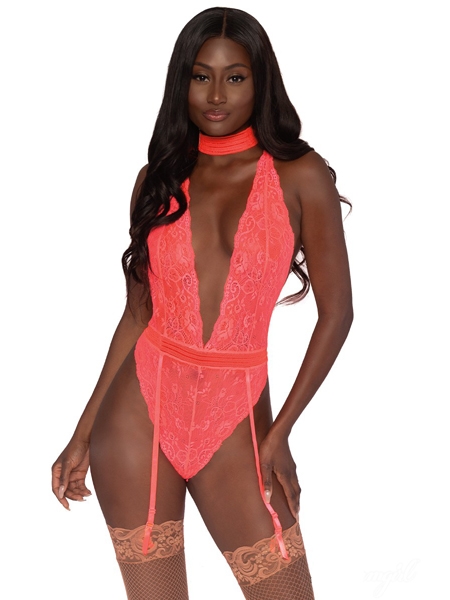 Coral Lace with Matching Choker Teddy by DreamGirl